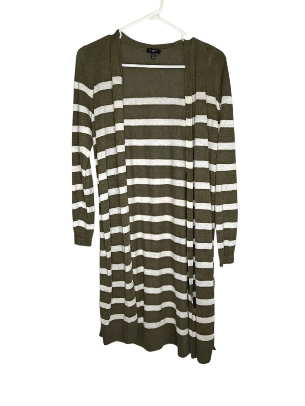 Talbots Womens Duster Sweater Green 100% Linen Stripe Long Sleeve Petites Small